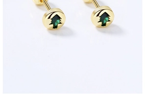 Detail of gold Christmas tree stud earring with green crystal and screw back ball
