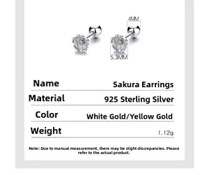 Detail specifications of cherry blossom 925 silver stud earrings with 5.3mm diameter