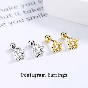 925 Sterling Silver Star Stud Earrings For Women Minimalist Hollow Design Screw-Back Geometric Ear Jewelry Platinum Gold Plated