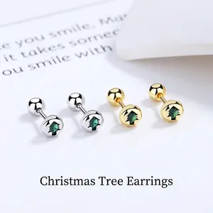 925 Sterling Silver Christmas Tree Stud Earrings With Green Rhinestone Screw Back Minimalist Jewelry For Women Party Gift