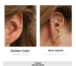 Macro detail of gold-plated pearl ear cuffs with crystal inlay for non-pierced ears