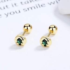 Minimalist 925 sterling silver Christmas tree screw back earrings with green crystal