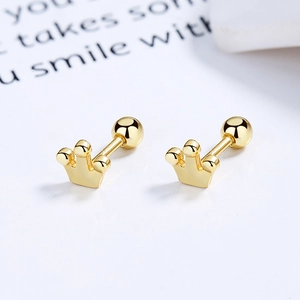 Elegant 925 sterling silver gold crown screw back stud earrings for daily wear