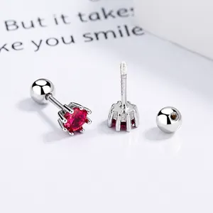 925 silver screw back studs with red round zircon in a six-claw crown setting