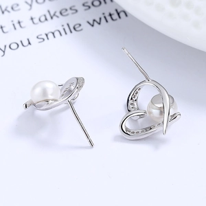 925 silver heart ribbon stud earrings with natural freshwater pearl and zircons