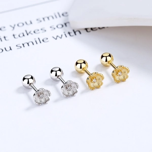 925 Sterling silver cherry blossom stud earrings with zircon inlay and screw back design