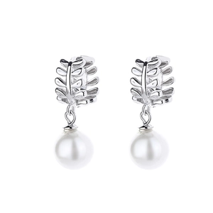 Elegant 925 sterling silver leaf pearl earrings with hanging round white pearl drops