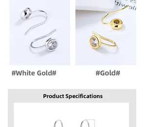 Detail of S925 silver bezel-set cubic zirconia hook earrings in silver and gold finishes