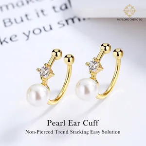 Elegant S925 Sterling Silver Shell Artificial Pearl Ear Cuffs No Piercing Zirconia Clip On Earrings Geometric Jewelry For Women