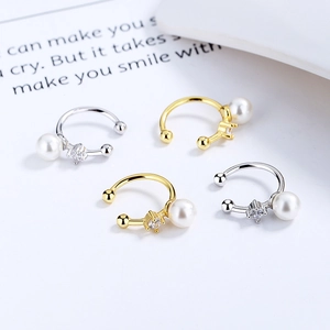 Elegant 925 silver and gold pearl ear cuffs set with zircon accents for women