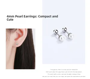 Détail de boucles d'oreilles perles de 4mm avec fermoir à vis et petits accents en zircon