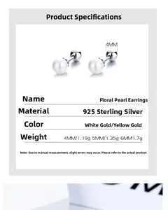 Tableau des tailles détaillé des boucles d'oreilles fleur en perle argent 925 avec mesure 4mm