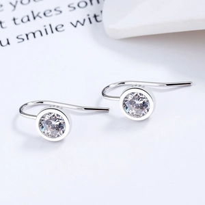 Minimalist 925 sterling silver hook earrings with round brilliant bezel-set zircon stone
