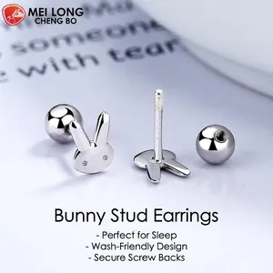 Cute S925 sterling silver rabbit stud earrings with screw back design and shiny crystals