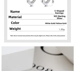 Detail view of 925 sterling silver C-shaped stud earrings showing 1.35g weight and dimensions