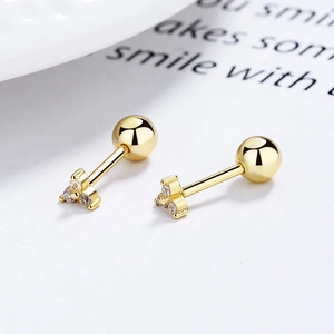 Minimalist 925 sterling silver golden clover stud earrings with sparkling white zircons
