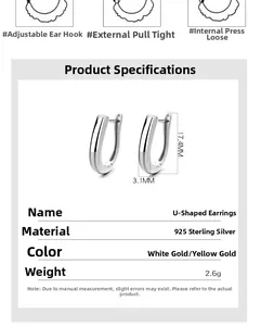 Detailed dimension guide for 925 sterling silver U-shaped earrings with adjustment steps