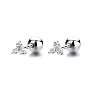 925 silver clover stud earrings with clear zircons and secure screw back closure
