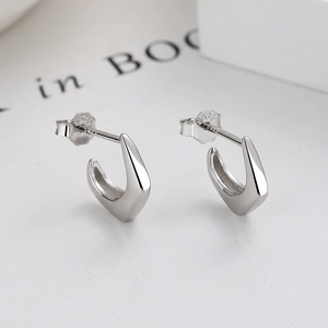 Elegant 925 sterling silver geometric C-shaped hoop earrings with polished finish