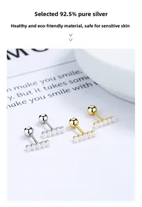 Detail of five-pearl horizontal bar stud earrings with S925 sterling silver screw backs