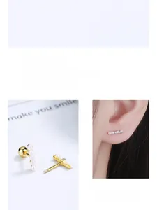 Detail view of 925 sterling silver screw-back stud earrings with five-pearl line design