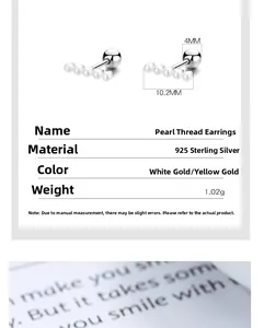 Macro detail of 925 sterling silver screw back earrings with five aligned white pearls