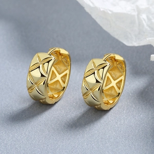 Boucles d'Oreilles Créoles en Argent Sterling 925 avec Texture Diamant Matelassée pour Femmes Bijoux Géométriques Plaqués Or Argent