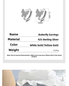 Technical dimensions of 925 silver butterfly earrings with a matte textured finish
