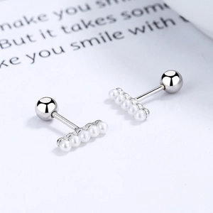 925 Sterling Silver Five Artificial Pearl Row Stud Earrings Elegant Minimalist Screw Back Earrings For Women Gold Silver Rose Gold Jewelry