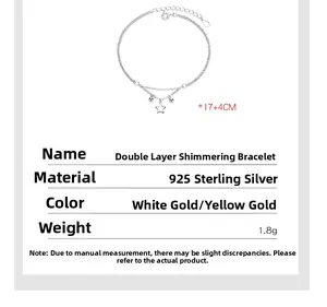 Detail view of double-layer 925 sterling silver star bracelet with 17+4cm adjustable chain