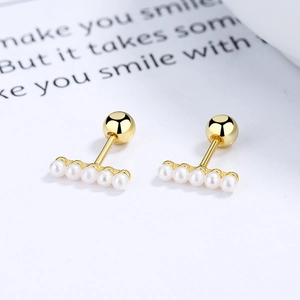 Elegantly arranged 925 silver gold pearl bar stud earrings with ball screw back design