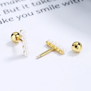 Minimalist S925 sterling silver gold plated 5-pearl linear stud earrings with screw backs