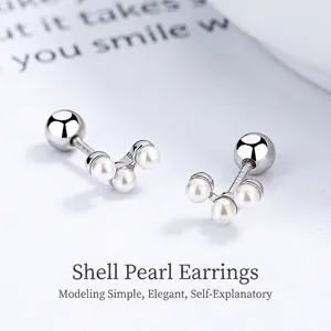 Orecchini a Bottone in Argento Sterling 925 Perla Artificial di Conchiglia Chiusura a Vite Donna Triplo Cluster Oro Argento Gioielli