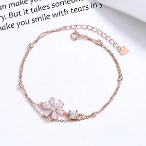 925 Sterling Silver Cherry Blossom Bracelet Women Rhinestone Double Layer Chain Romantic Sakura Flower Adjustable Jewelry