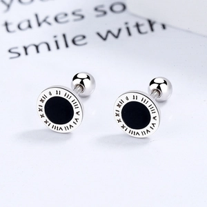 Minimalist 925 sterling silver round stud earrings with black Roman numeral engraving