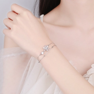 Double-layered 925 sterling silver cherry blossom bracelet with sparkling zircon stones