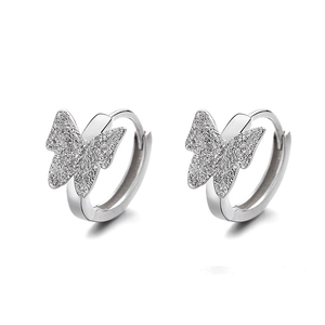 Polished 925 sterling silver hoop earrings with frosted butterfly charm and sparkle finish