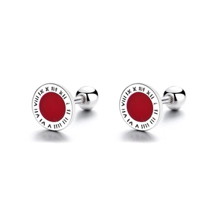 925 silver stud earrings with Roman numerals and red enamel center on white background