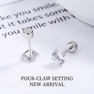 925 Sterling Silver Cubic Zirconia Stud Earrings For Women Four Prong Screw Back Minimalism Small Cartilage Jewelry Gift
