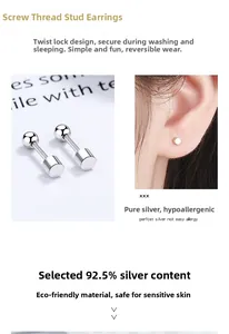 Detail of 925 sterling silver cylindrical screw back stud earrings on ear and card