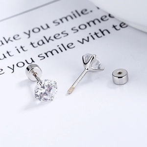 925 Sterling Silver Four-Prong Zircon Screw Back Stud Earrings for Women