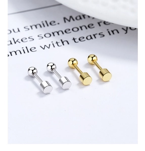 Detailed view of 925 silver cylinder screw back earrings in gold and silver plating