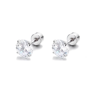 925 Sterling Silver Four-Claw Zircon Stud Earrings with Screw Backs in Silver Finish