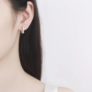 Minimalist S925 sterling silver rectangular hoop earrings with pavé zircon stones
