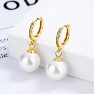 Elegant 925 sterling silver gold hoop earrings with pavé crystals and white pearls