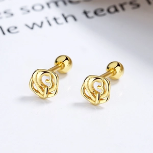 Exquises boucles d'oreilles rose creuse en argent 925 doré avec fermoir à vis sécurisé