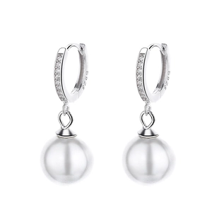 Elegant 925 sterling silver hoop earrings with white pearls and sparkling pavé diamonds