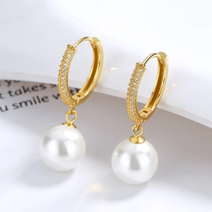 Artificial Pearl Hoop Earrings With 925 Sterling Silver Earring Post Full Cubic Zirconia Studded French Style Jewelry Women