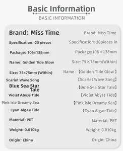 Spécifications détaillées des autocollants PET océan et tableau des tailles pour scrapbooking
