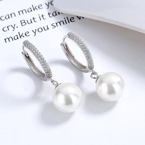 French style 925 silver hoop earrings with pavé crystals and elegant white pearls